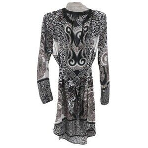 Hale Bob Long Sleeve Ivory Print  Split Neck Keyhole Shift Long Sleeve Dress Med